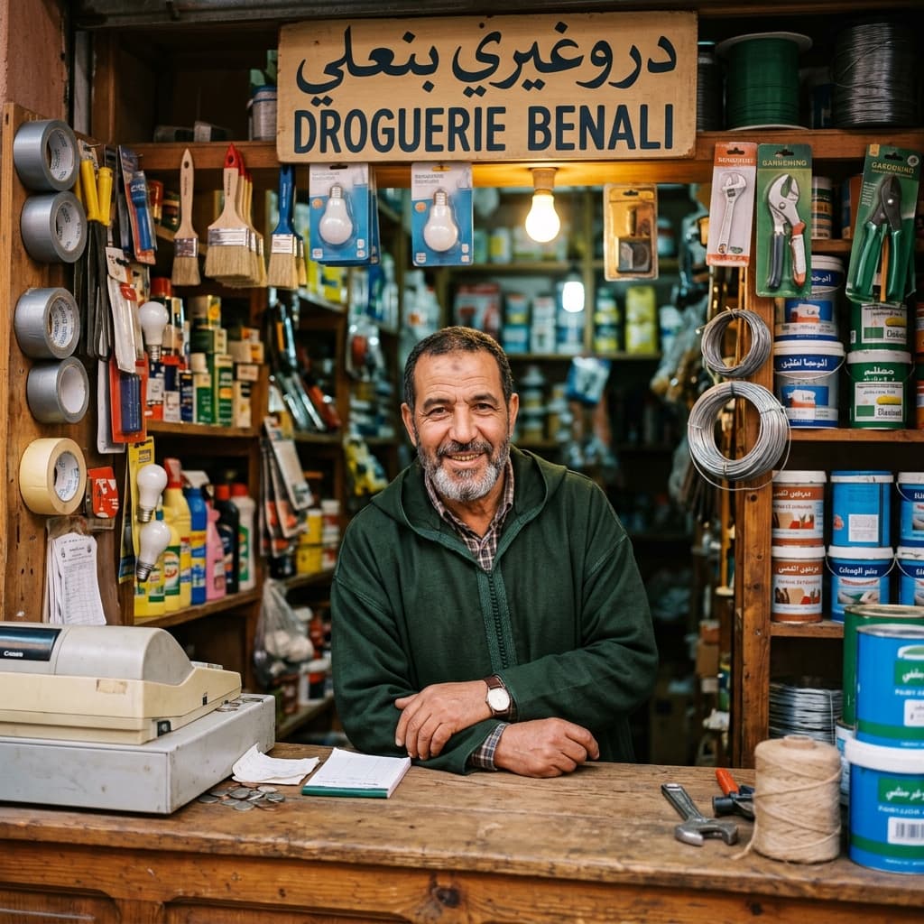 Droguiste marocain souriant et satisfait